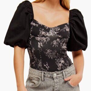 Free People Prarie Rose Puff Sleeve Body Suite Black Floral Size Small NWT $98